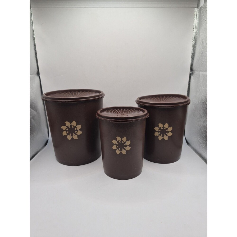 Vintage Set of 3 Brown Tupperware Servalier Nesting Canisters Mushroom MCM Retro